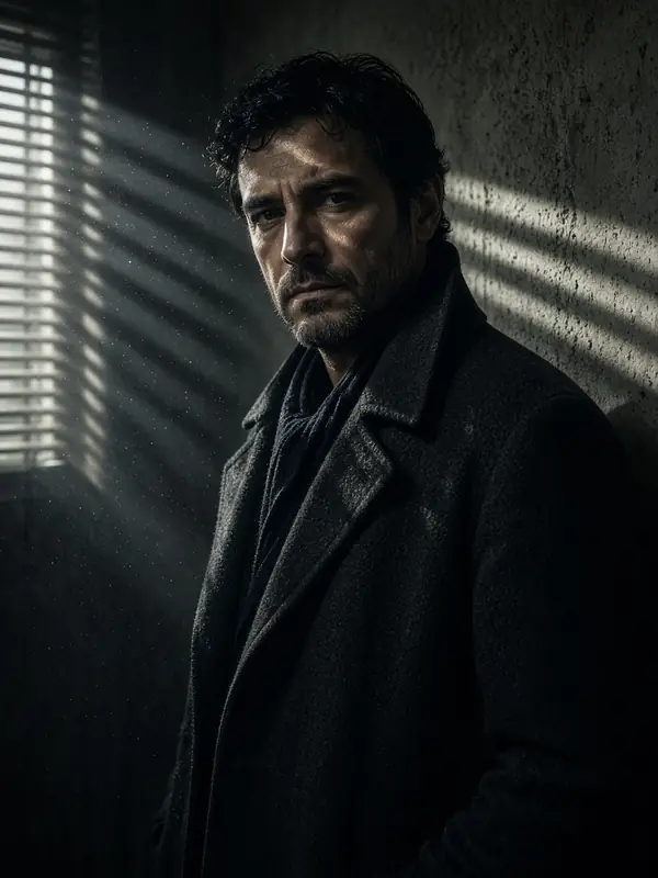 Detective de pie en una habitación en penumbra