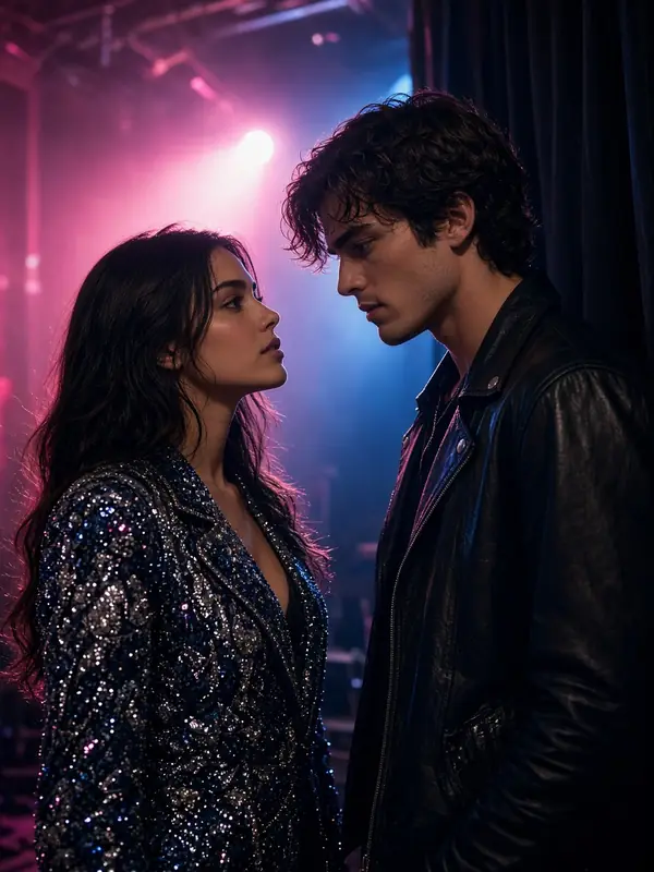 Cantante y un joven se miran entre bastidores
