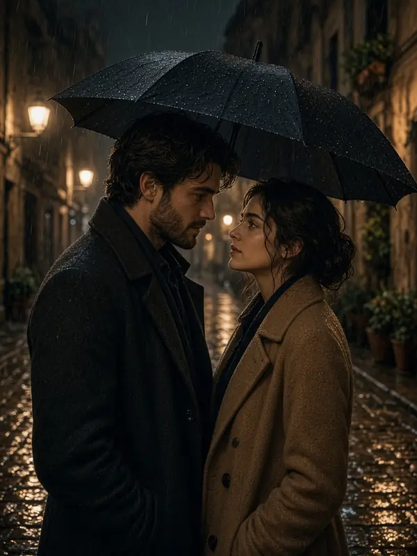 Pareja bajo un paraguas en una noche de lluvia