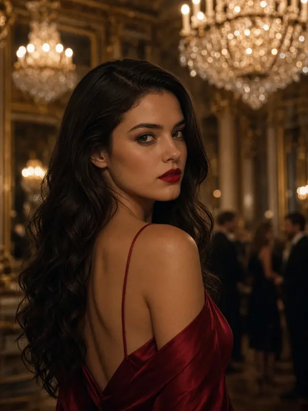 Mujer de vestido rojo en un salón con lámparas
