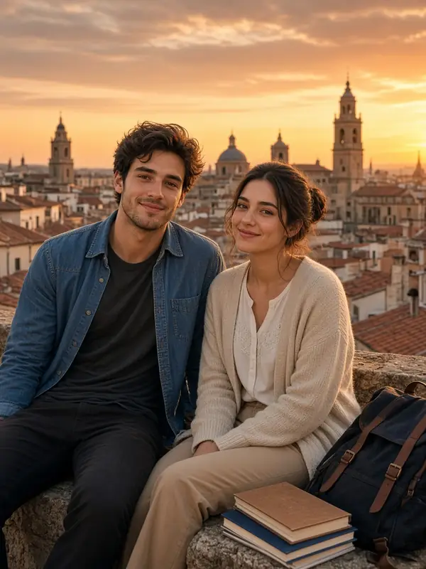 Dos jóvenes sentados en una azotea al atardecer